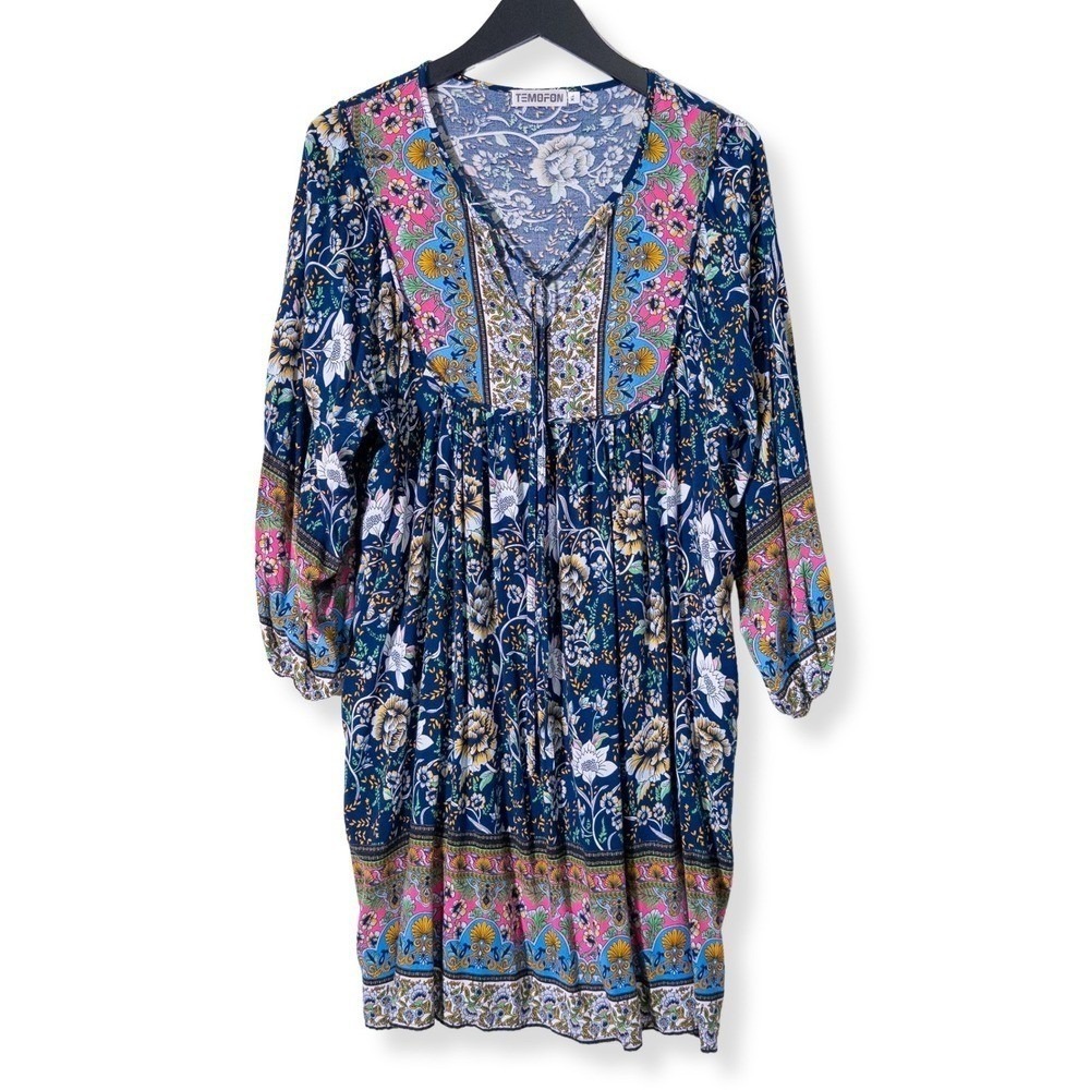 Temofon Dress Womens XL Navy Blue Floral Long Sleeve‎ Boho Cowgirl Chic Tunic
